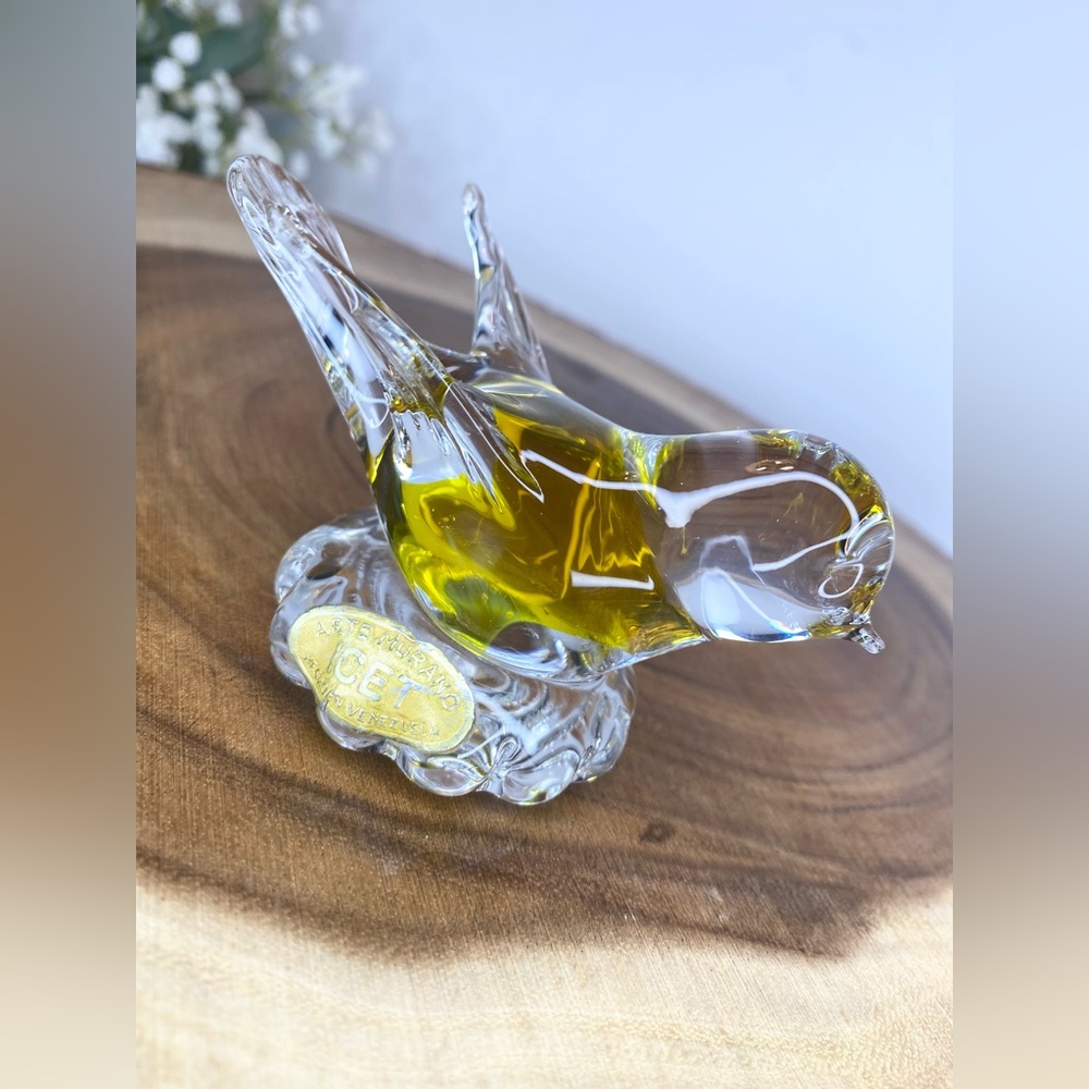 Murano Glass Bird Figurine, Yellow Clear Handblown Art Glass ICET Arte Murano